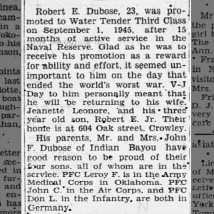 1945 - Robert E. Dubose's (Daddy) promotion to Water Tender Third Class